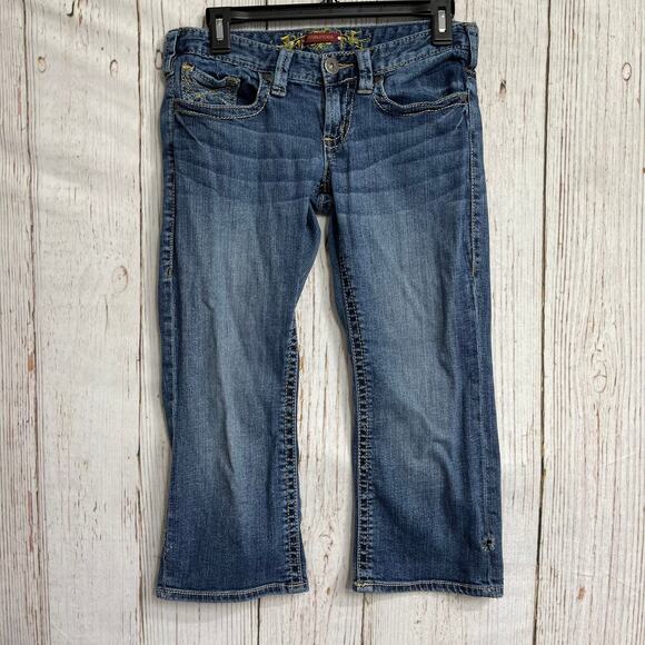 Maurices Cropped Jeans Women Junior Size 5 Dark Blue Denim Cotton Blend FLAW - Picture 1 of 6